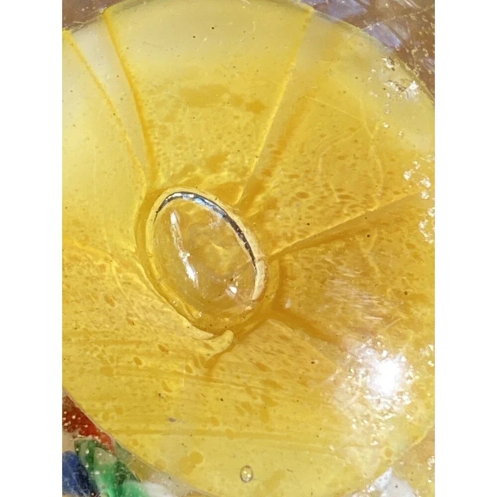 Art Glass Paperweight Yellow Trumpet Flower Blown Bubbles 3” Colorful Floral